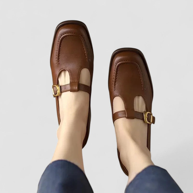 Jeanette square toe T-strap Mary Jane shoes in Brown, front view