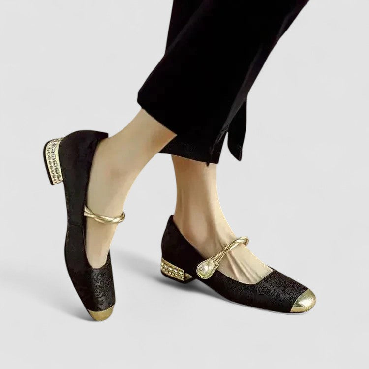 Joy jacquard pearl strap Mary Jane flats in Black, view 2