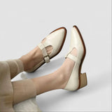 Maureen pointed toe T-strap Mary Jane shoes in Cream, front view