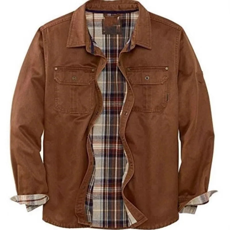 Gary men's plaid lined cotton shirt jacket in Brown, view 2