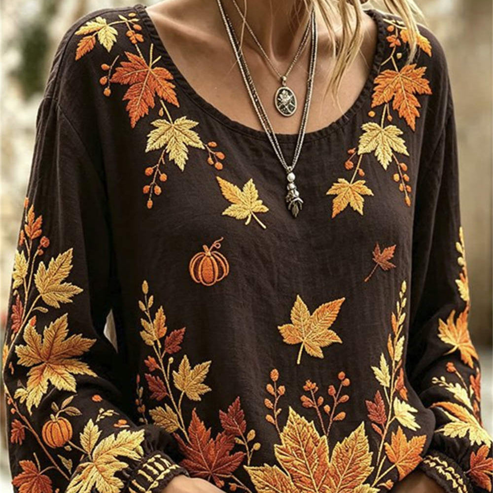 Vivian maple leaf pumpkin blouse in brown, front view