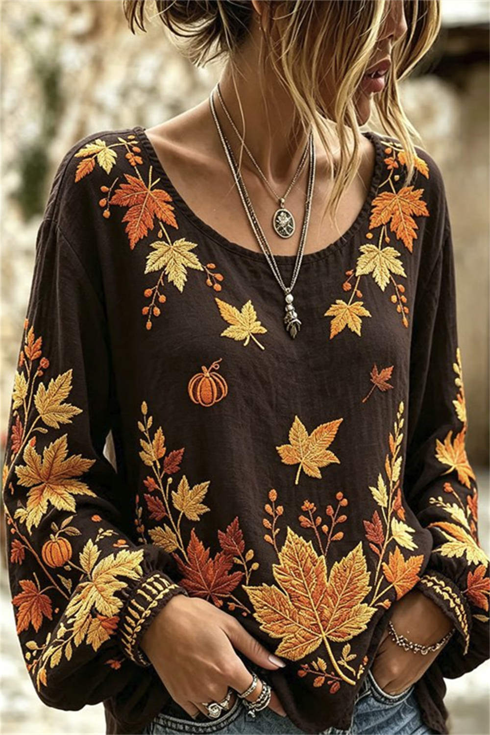 Vivian maple leaf pumpkin blouse in brown, front view