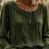 Helena | Halloween-Inspired Green Spider Web Print Round Neck Long Sleeve Blouse