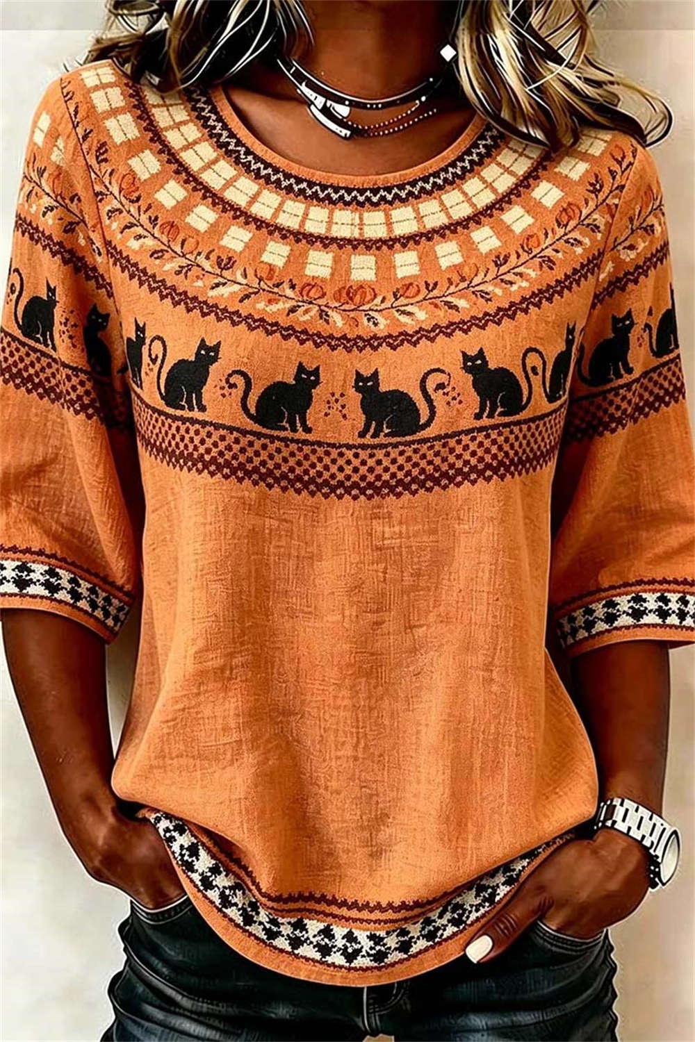 Sabrina Cat Geometric Blouse in orange, front view