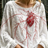 Serena | Halloween-Inspired White Heart Floral Print Round Neck Puff Long Sleeve Blouse