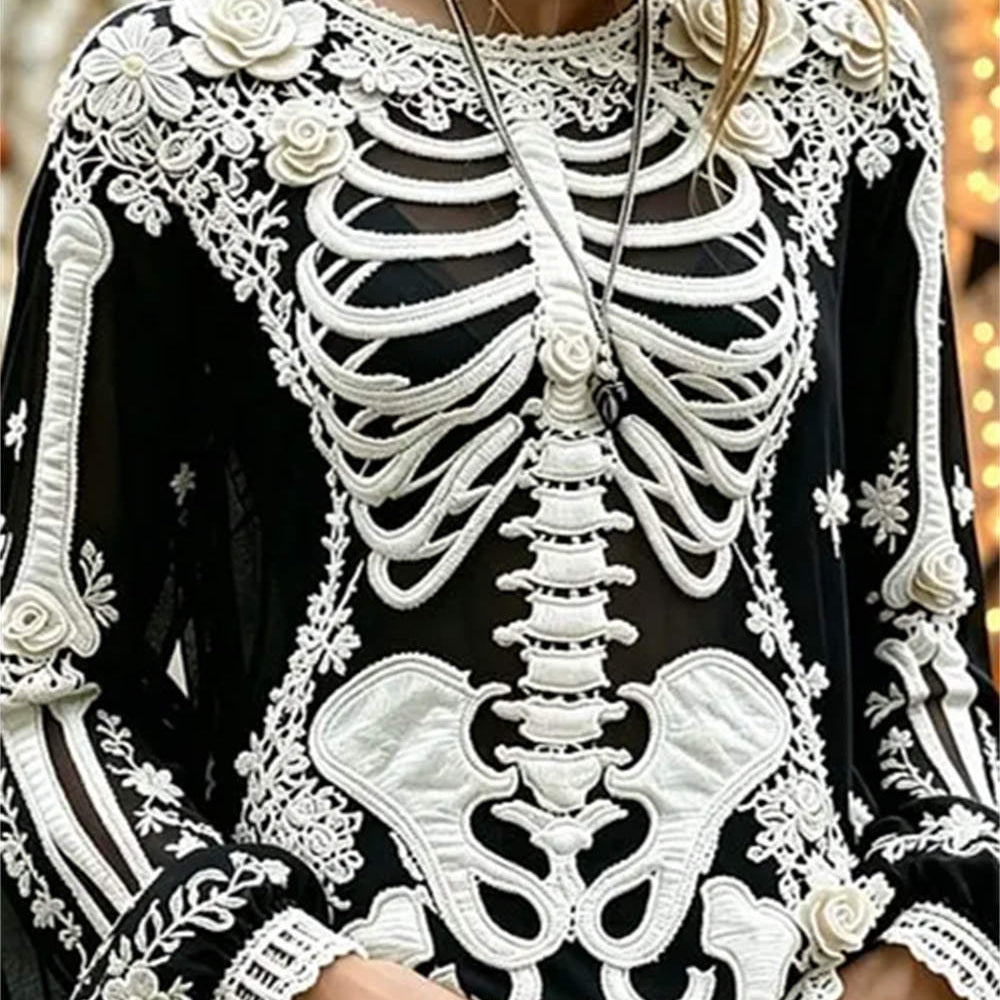 Mila skeleton floral blouse in black, white, front view