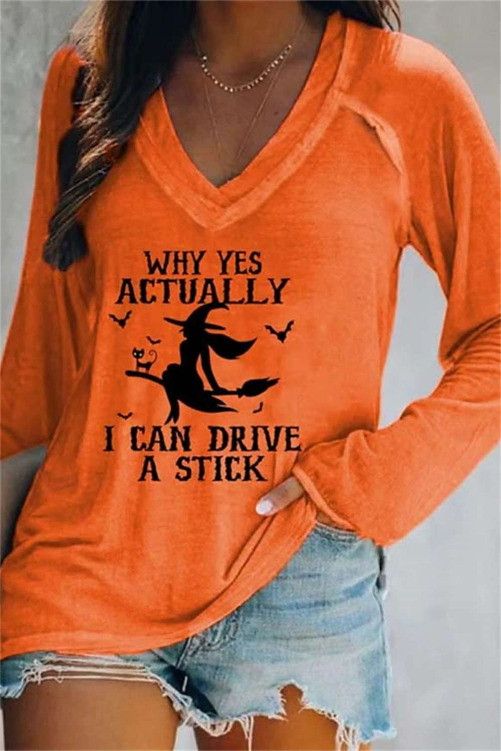 Sadie witch graphic v neck blouse in orange, front view