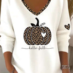 Elise leopard pumpkin v neck top in white, front view