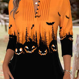 Yara | Halloween-Inspired Orange Halloween Split Neck Long Sleeve Blouse