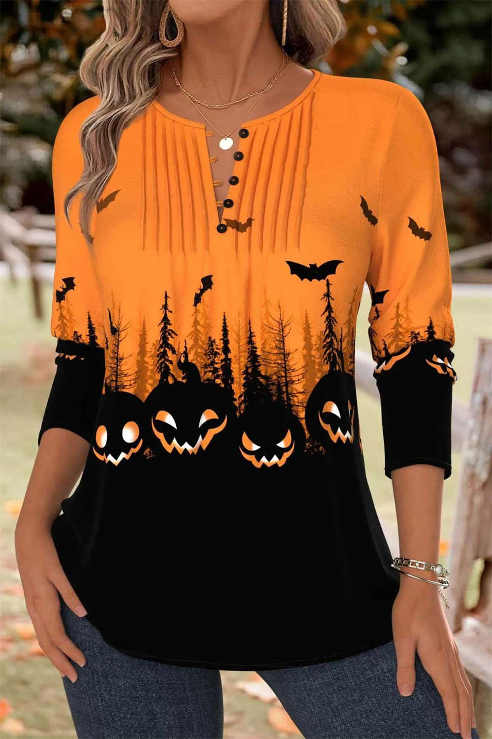 Yvonne Pumpkin Forest Blouse in orange and black, front view