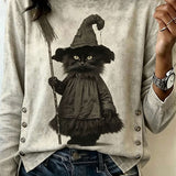 Delilah | Halloween-Inspired Grey Witch Cat Art Round Neck Long Sleeve Blouse