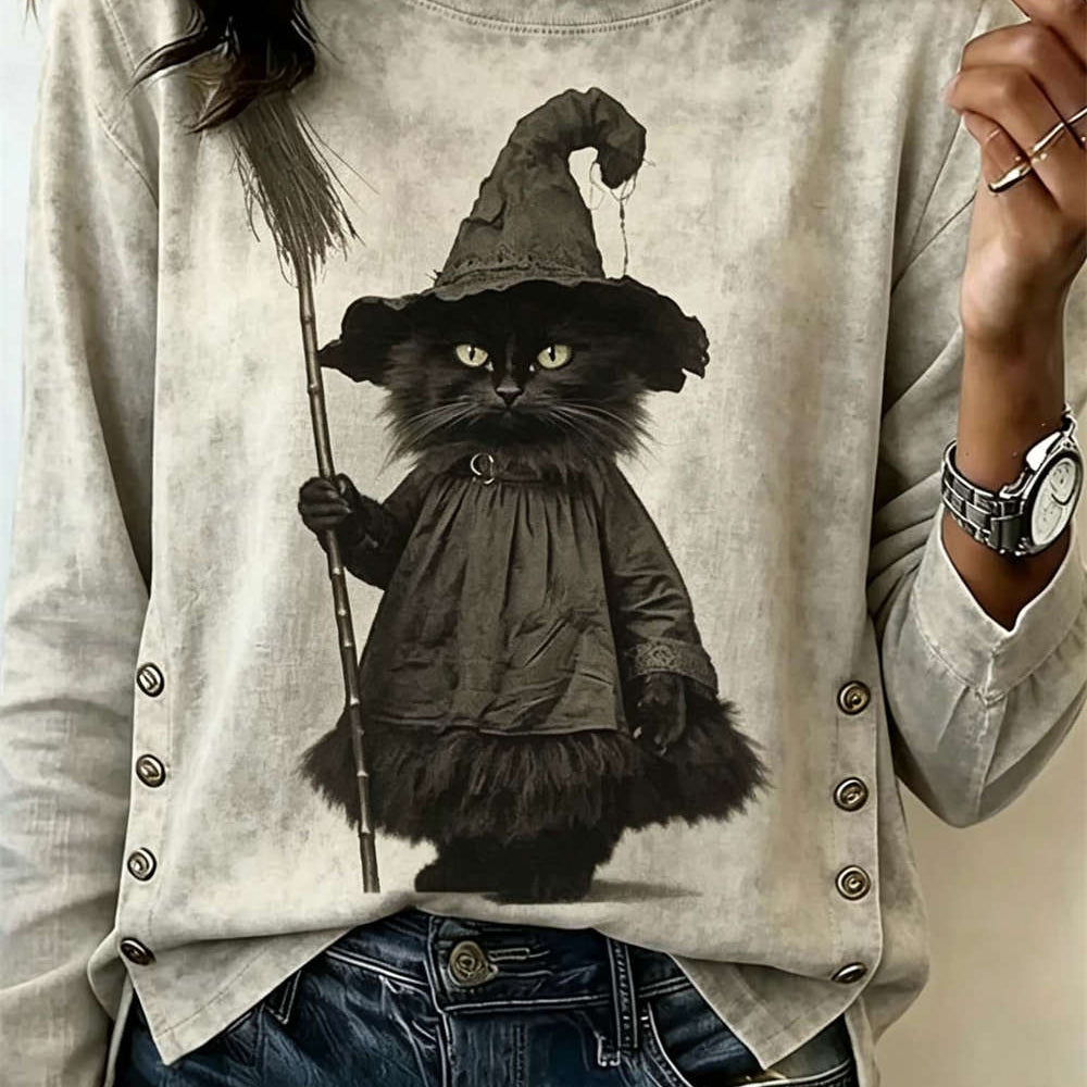 Delilah witch cat blouse in gray, front view
