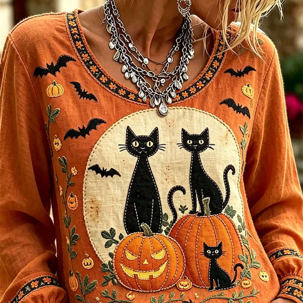 Amanda Black Cat Pumpkin Blouse in orange, front view