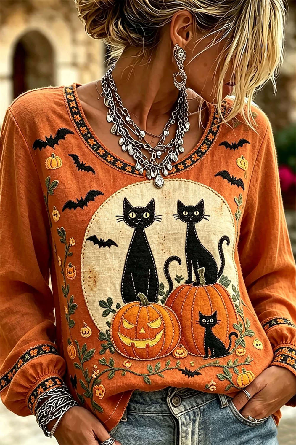 Amanda Black Cat Pumpkin Blouse in orange, front view