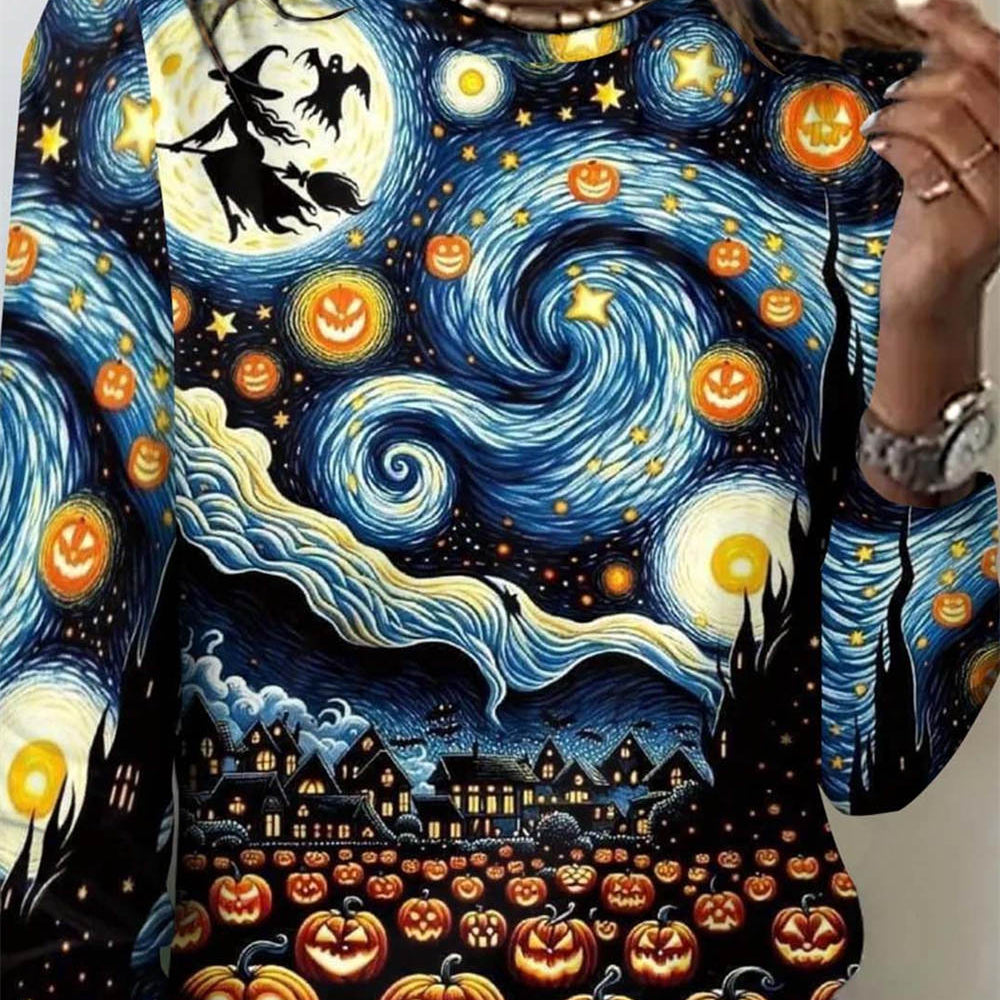 Daisy starry witch pumpkin blouse in blue, black, front view