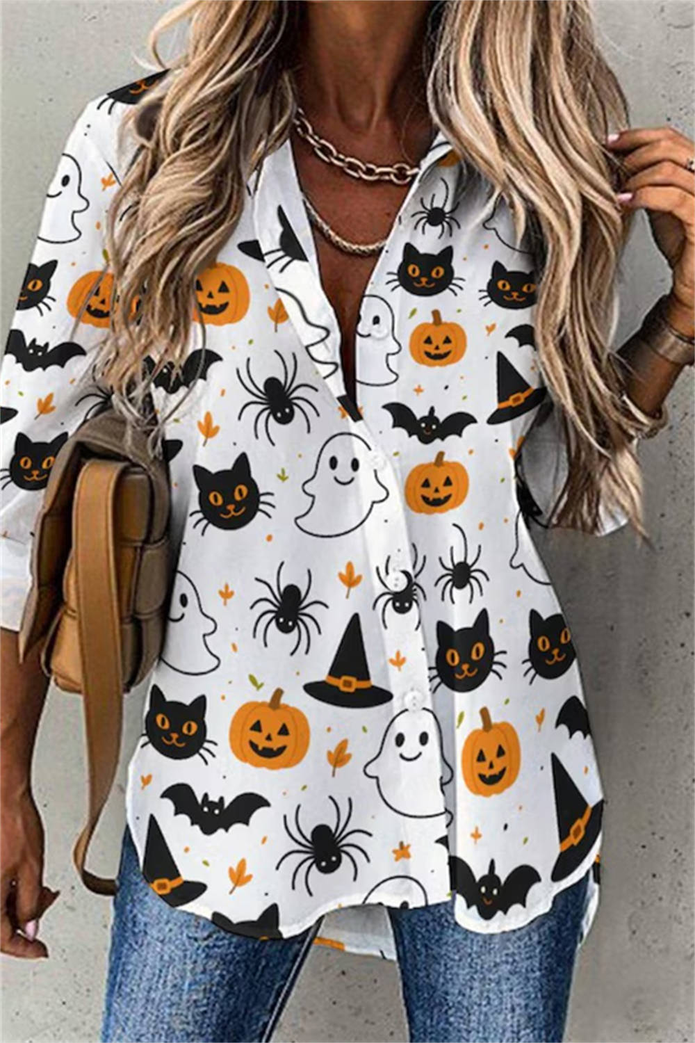Elizabeth Ghost Pumpkin Print Shirt in white, front view