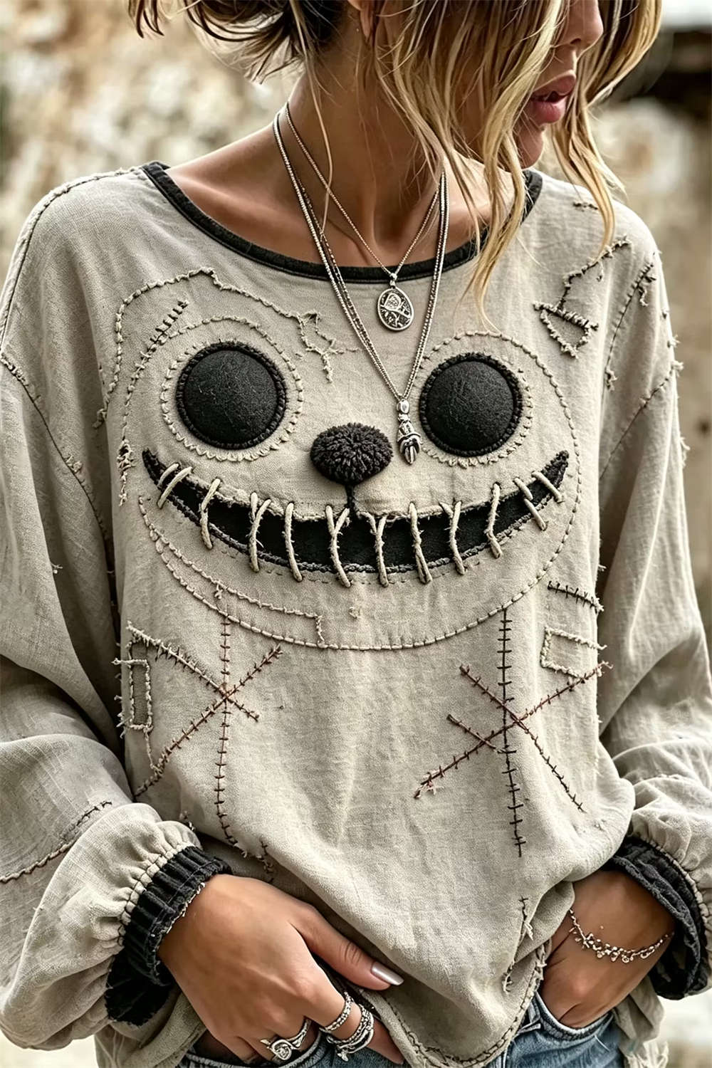 Noelle Stitched Ghost Face Blouse in beige, front view
