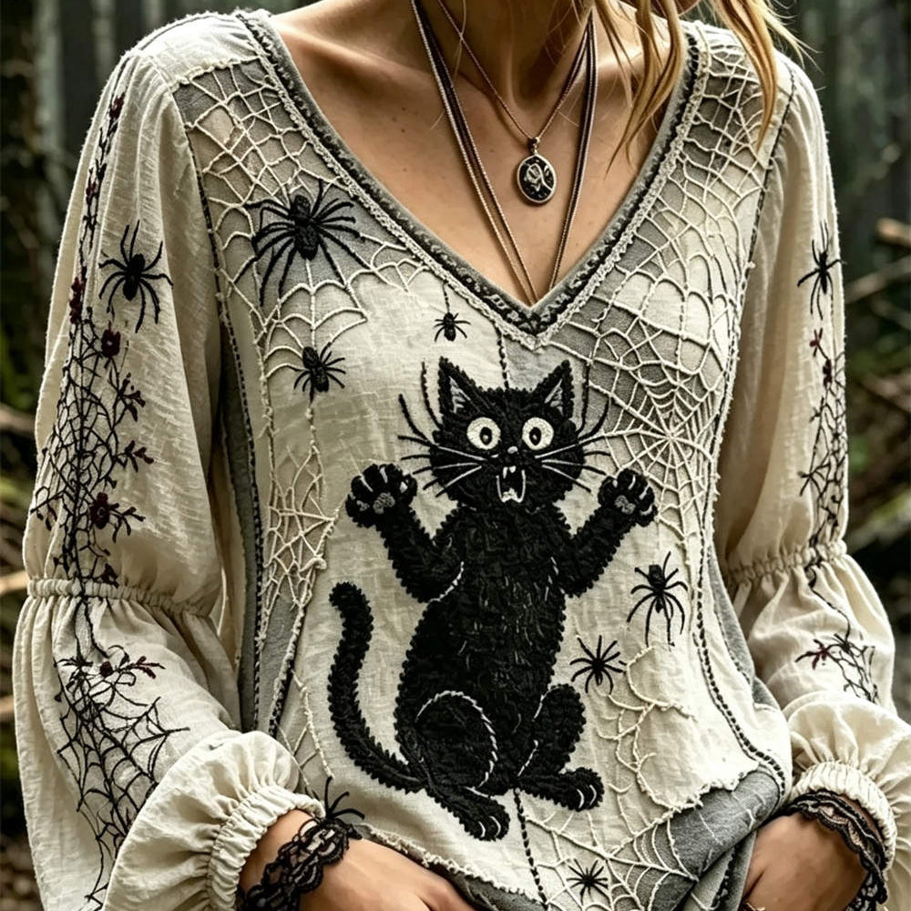 Maria Cat Spider V-Neck Blouse in beige, front view