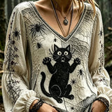 Maria Cat Spider V-Neck Blouse in beige, front view