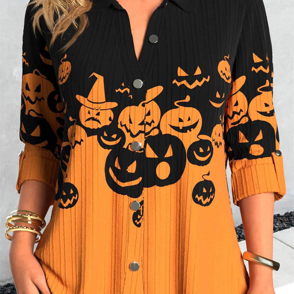 Hannah pumpkin collared blouse in black, orange, front view
