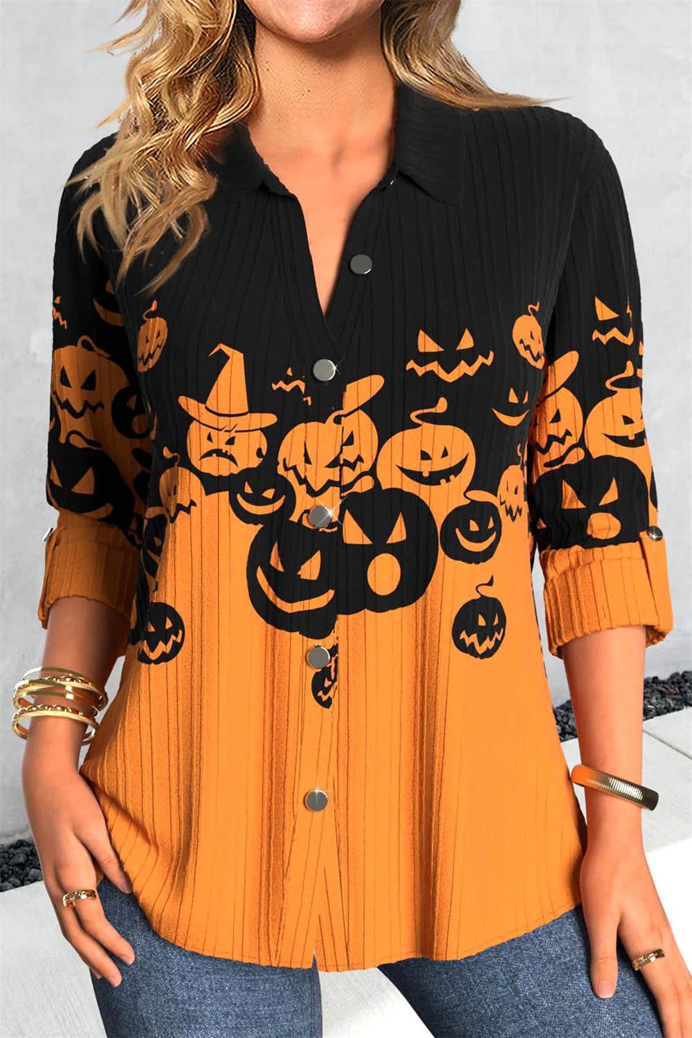 Hannah pumpkin collared blouse in black, orange, front view