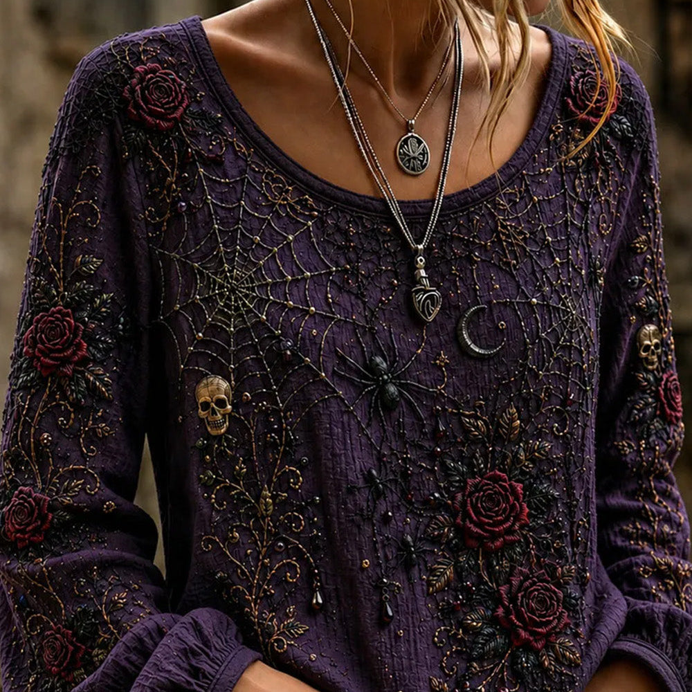 Gianna Gothic Rose Spider Blouse in purple, front view