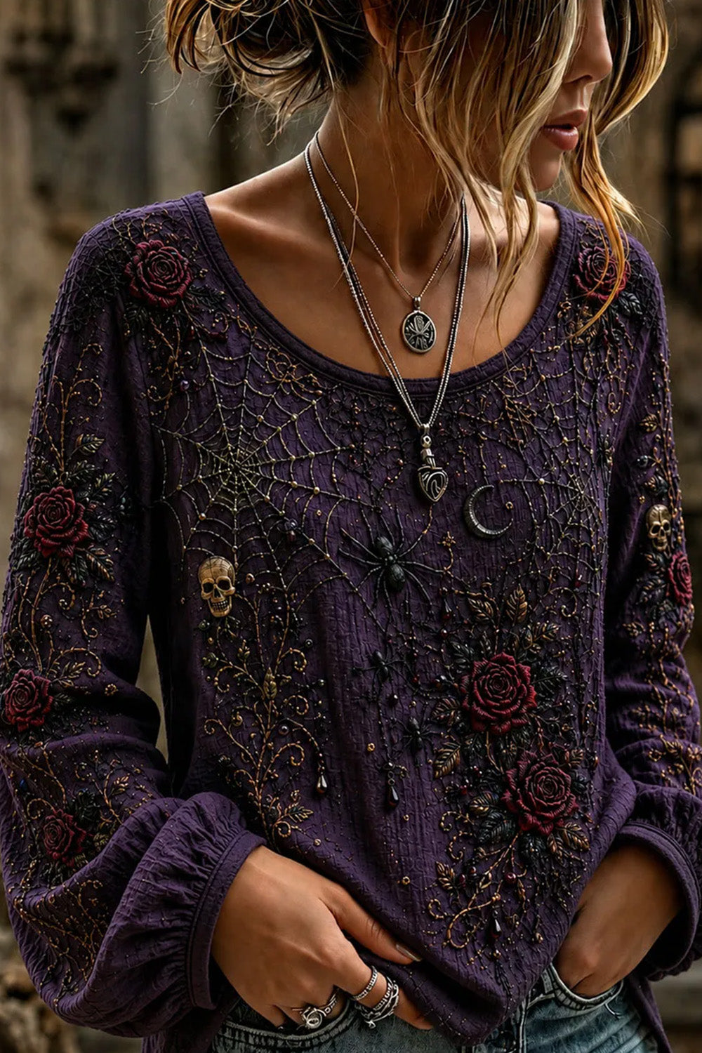 Gianna Gothic Rose Spider Blouse in purple, front view