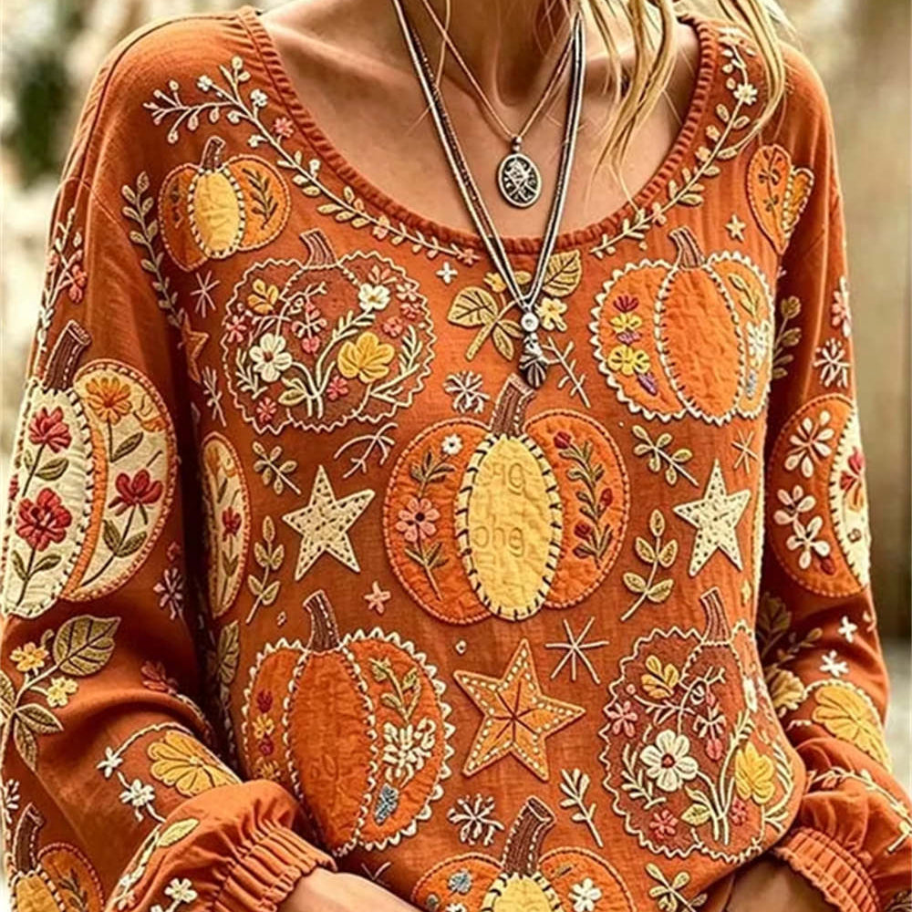 Greta Pumpkin Floral Star Blouse in orange, front view
