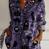 Adalynn | Halloween-Inspired Purple Pumpkin Bat Black Cat Print Collar Long Sleeve Shirt