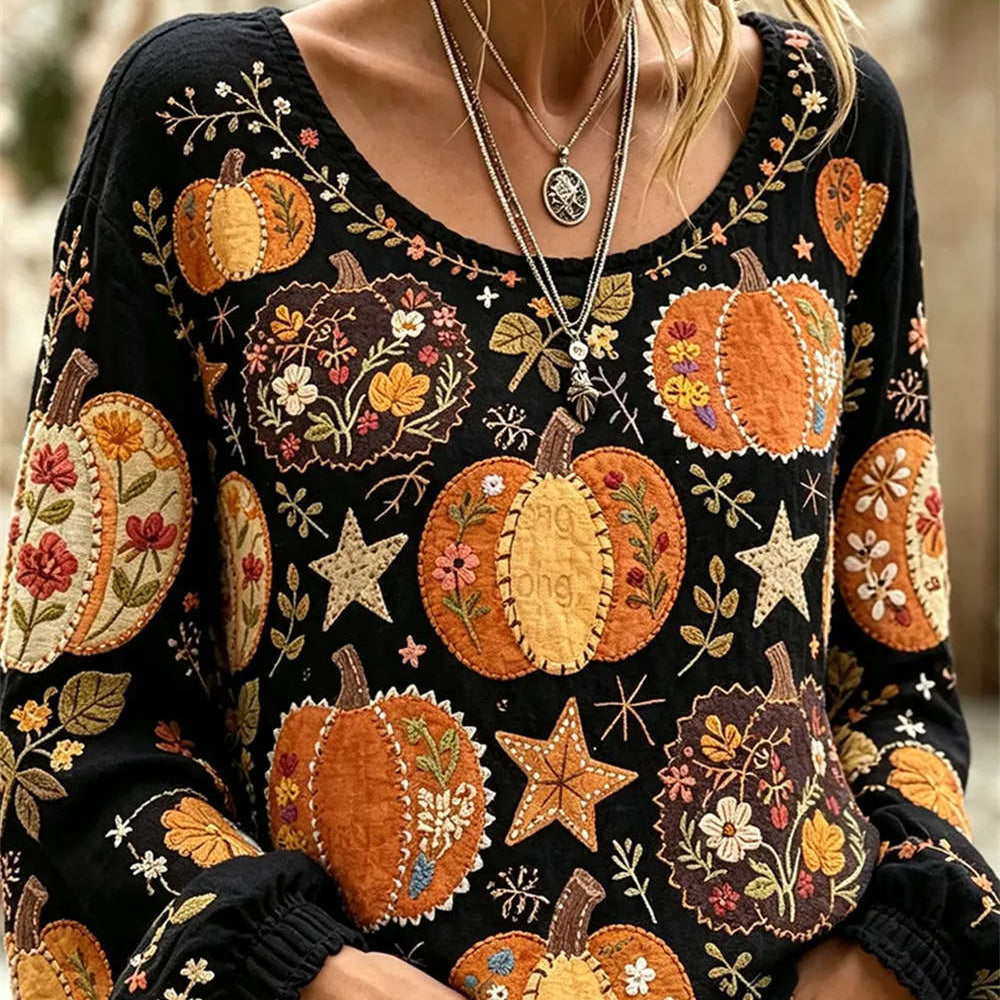 Emily floral pumpkin blouse in black, orange, front view