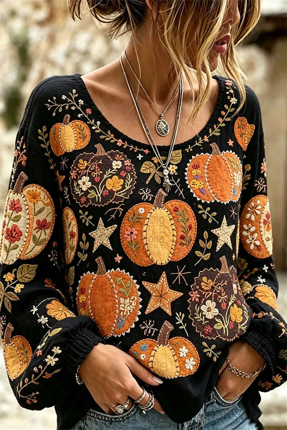 Emily floral pumpkin blouse in black, orange, front view