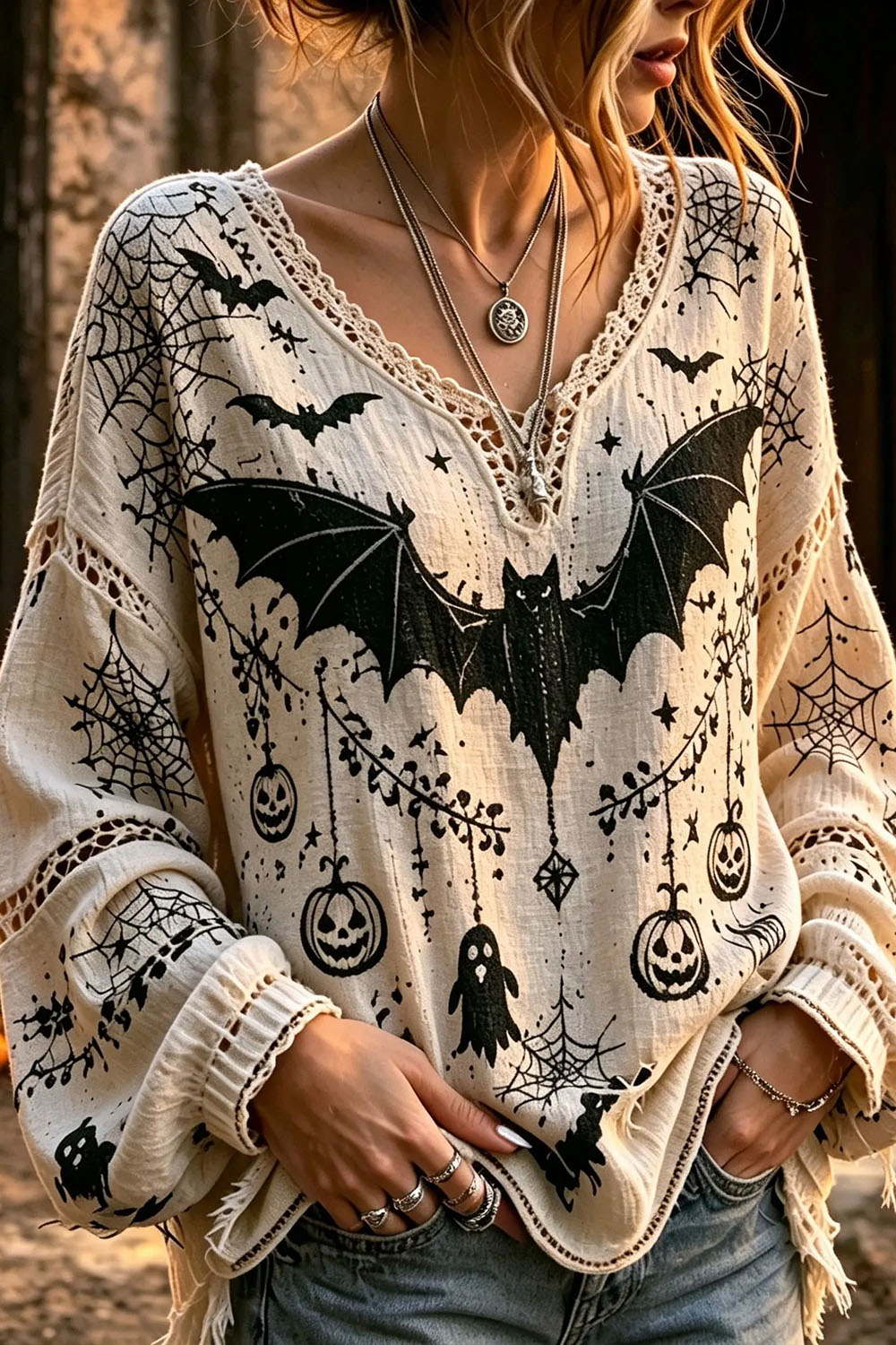 Abigail bat ghost pumpkin blouse in beige, black, front view