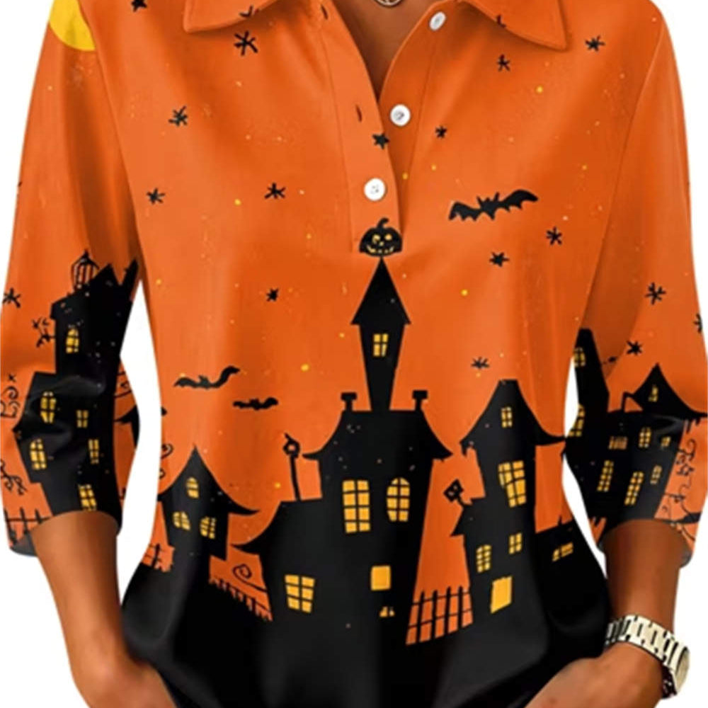 Nora haunted house blouse in orange, black, front view