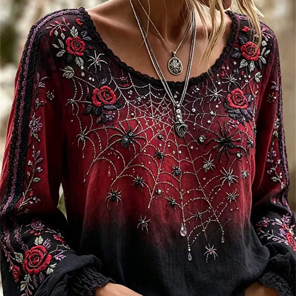 Natalie spider rose blouse in red, black, front view
