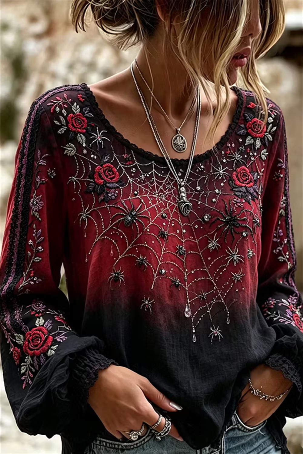 Natalie spider rose blouse in red, black, front view
