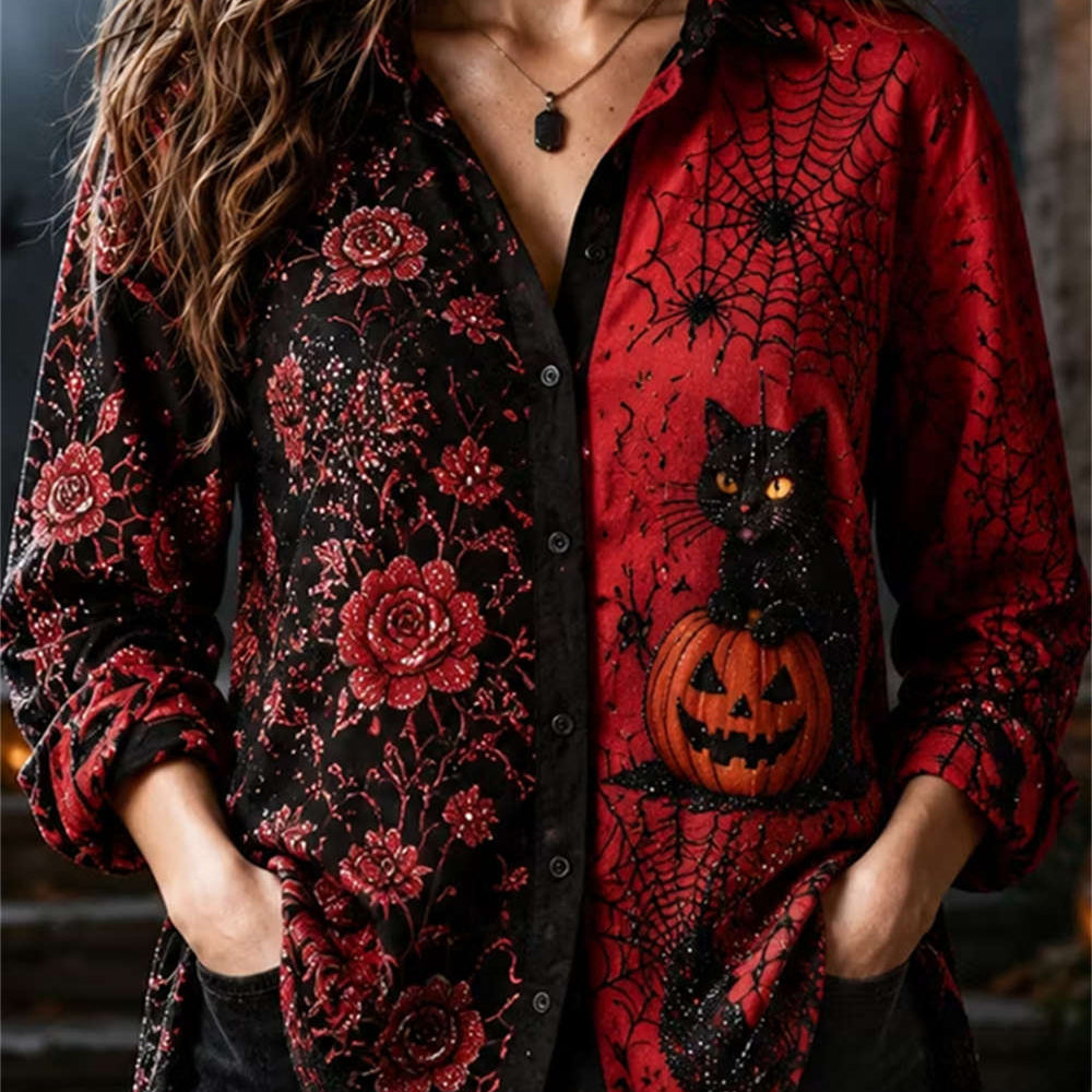 Rosalind Cat Pumpkin Floral Shirt in black and red, front view