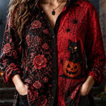 Rosalind Cat Pumpkin Floral Shirt in black and red, front view