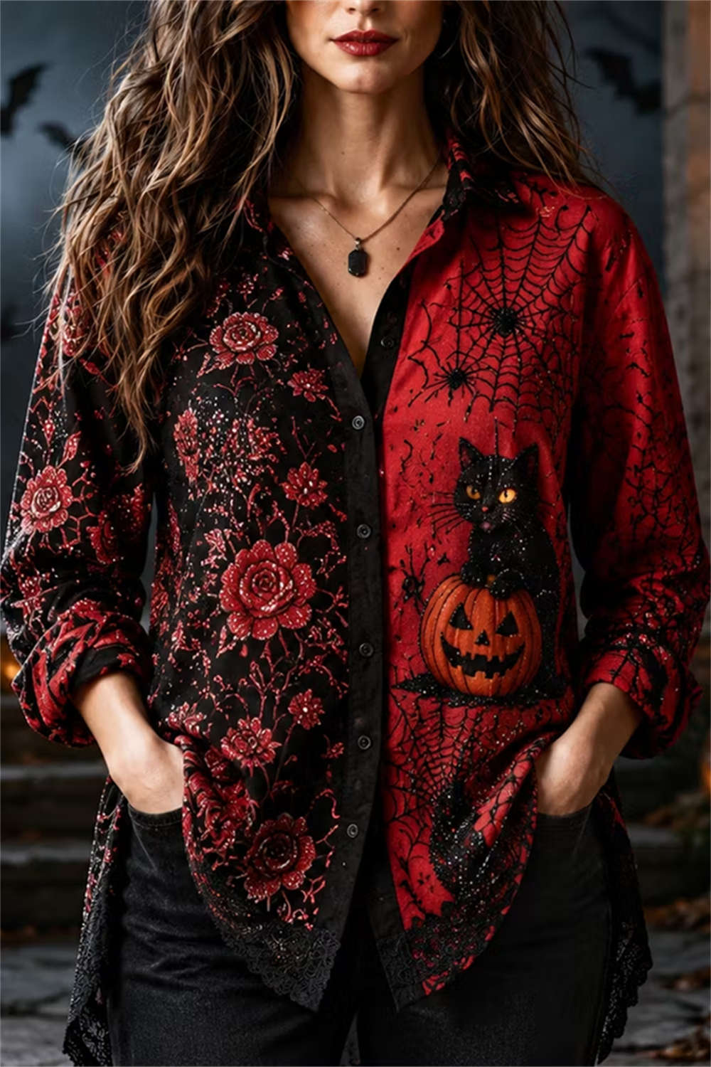 Rosalind Cat Pumpkin Floral Shirt in black and red, front view