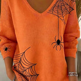 Evangeline | Halloween-Inspired Orange Spider Web Print V Neck Long Sleeve Sweater
