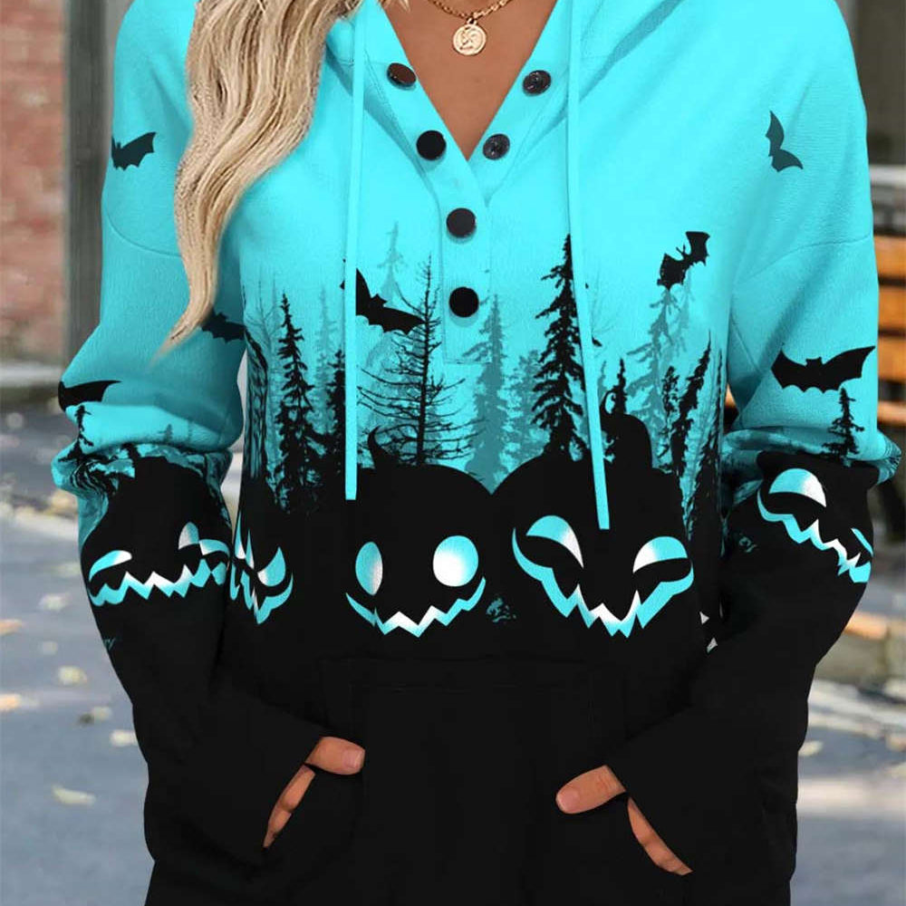 Vera Pumpkin Forest Hoodie in turquoise and black, front view