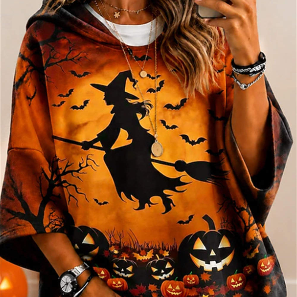 Emilia witch pumpkin hoodie in orange, black, front view
