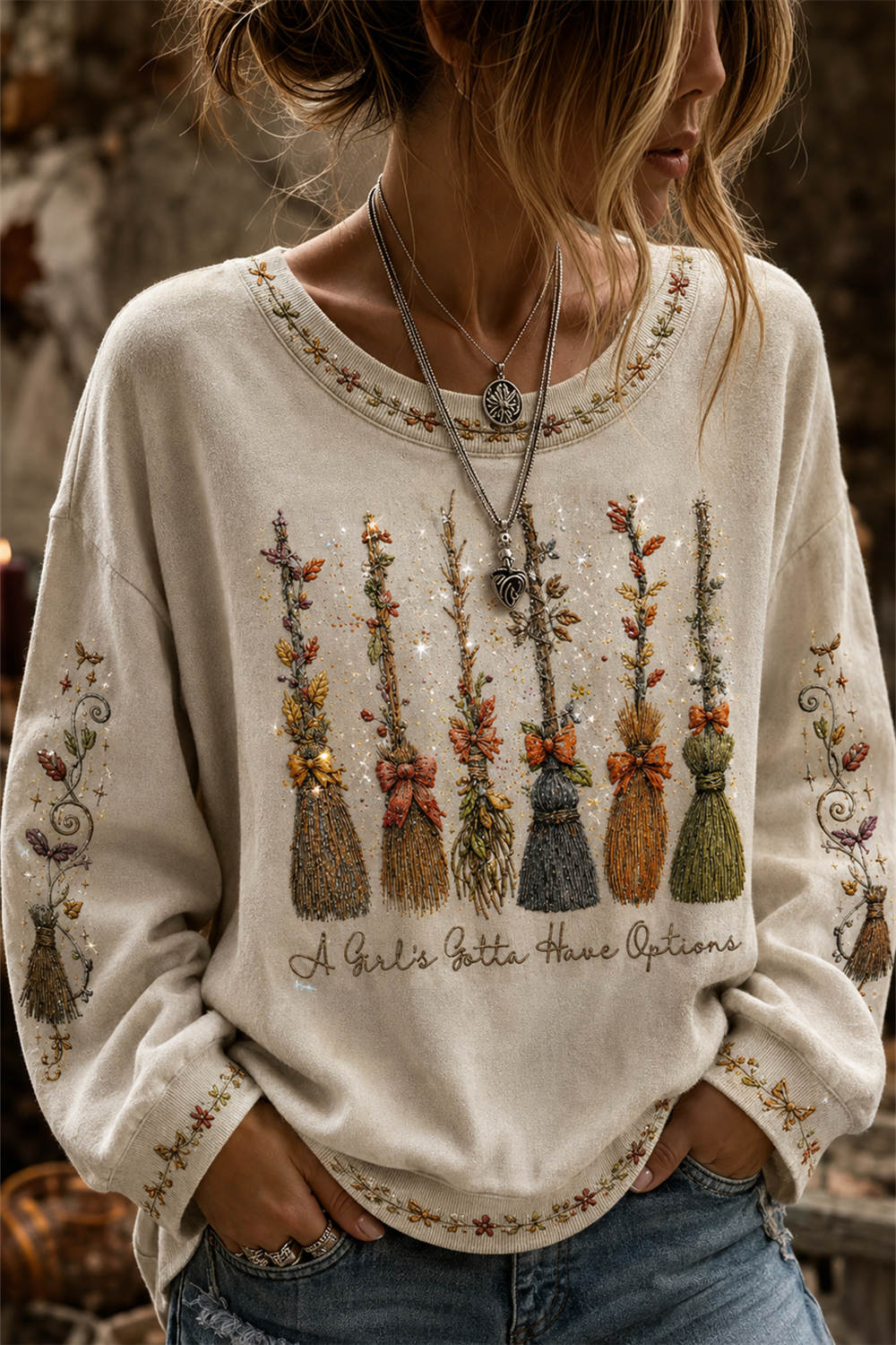 Lauren Broom Print Sweatshirt in beige, front view