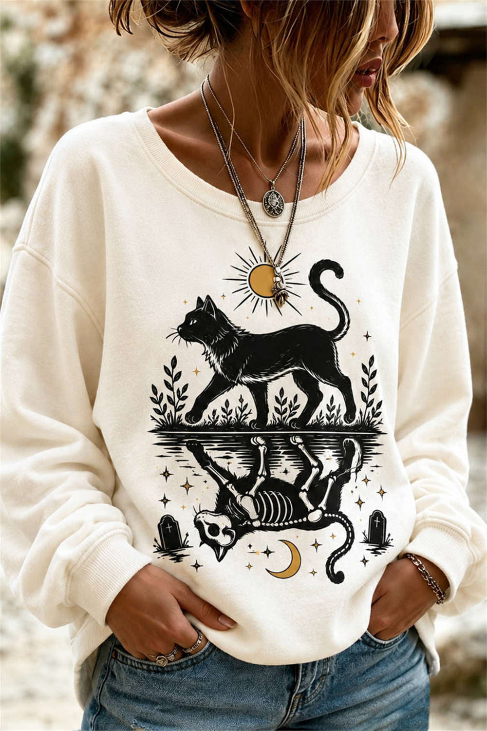 Kiara cat skeleton sweatshirt in beige, front view