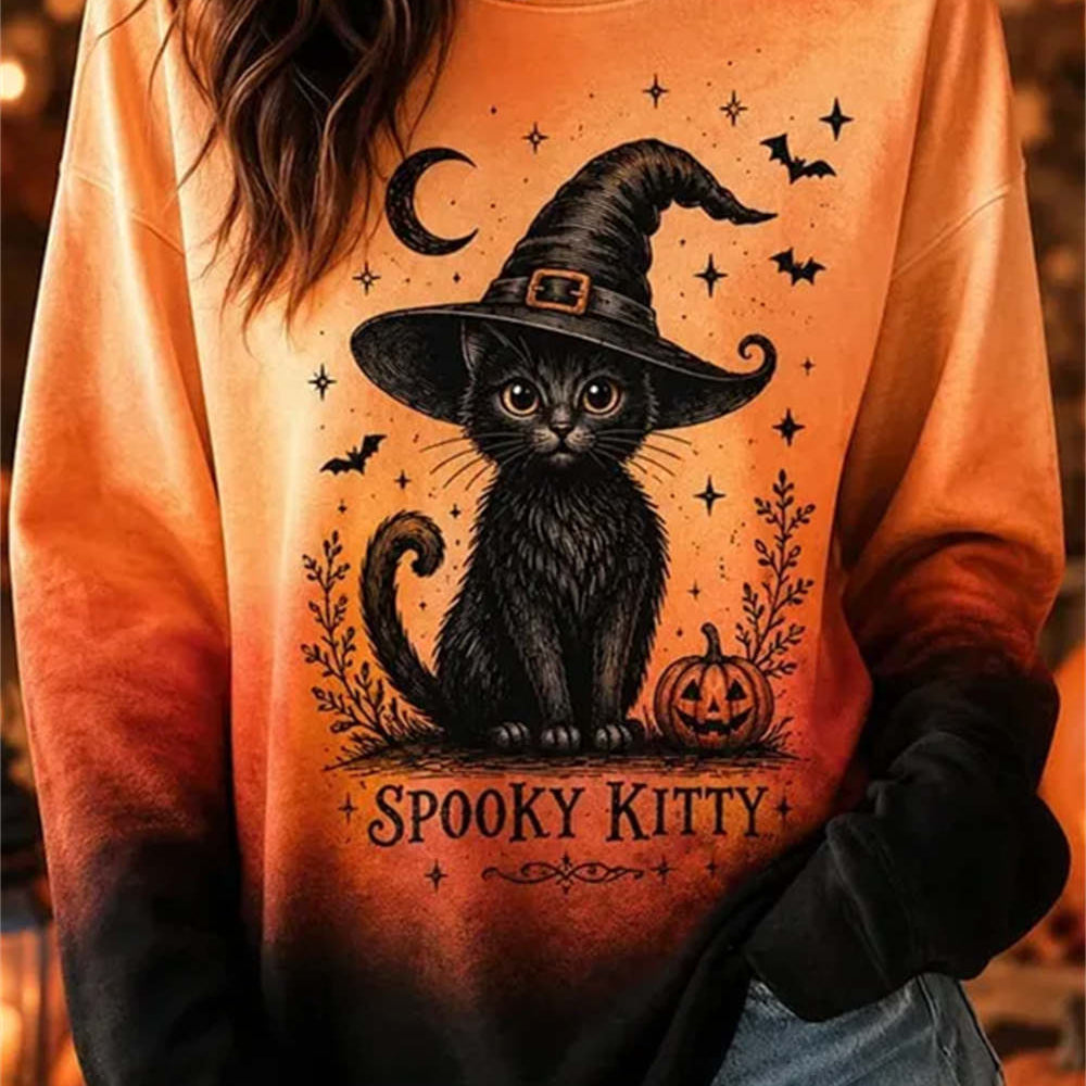 Anna witch cat sweatshirt in orange, black, front view