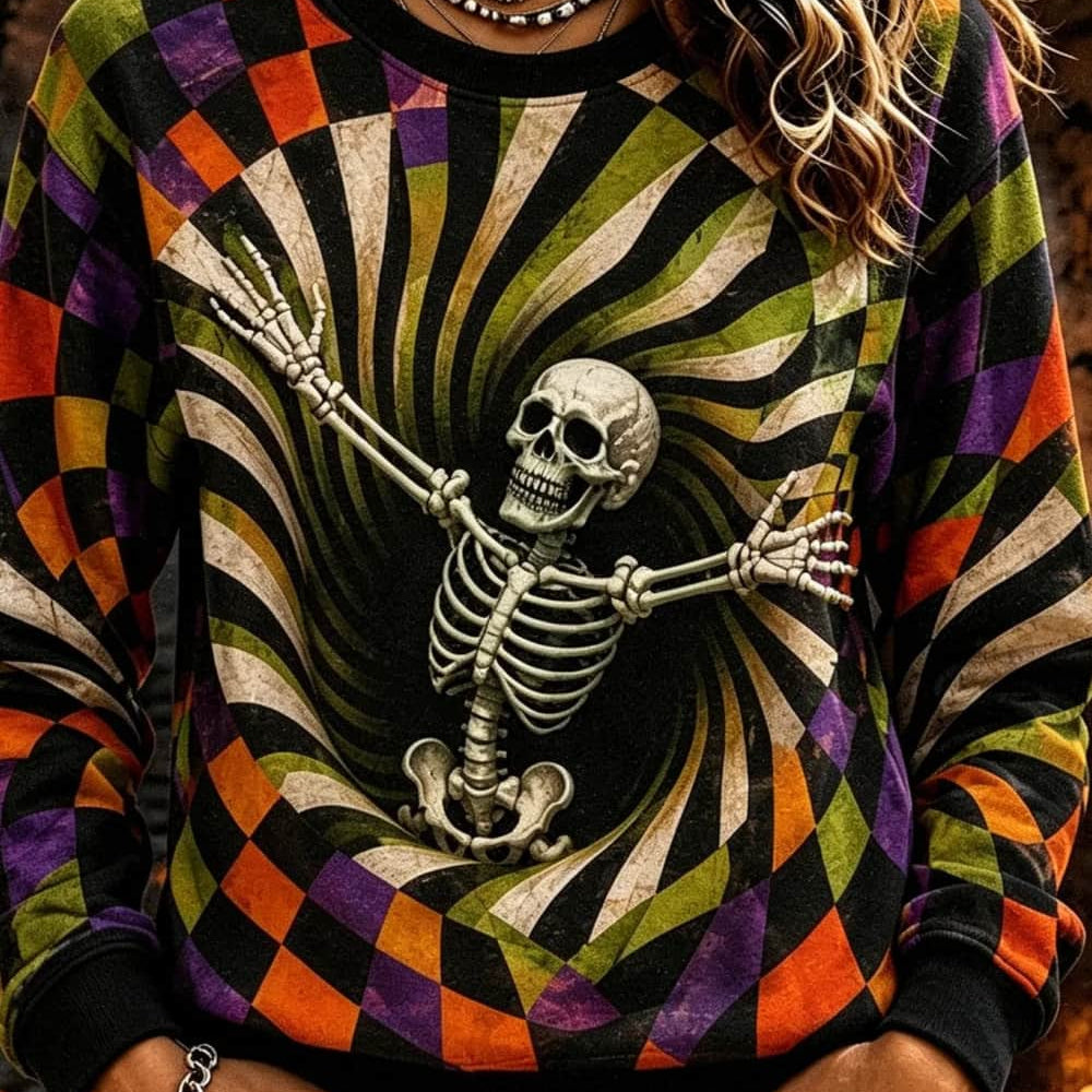 Caroline skull spiral sweatshirt in black, yellow, purple, orange, front view