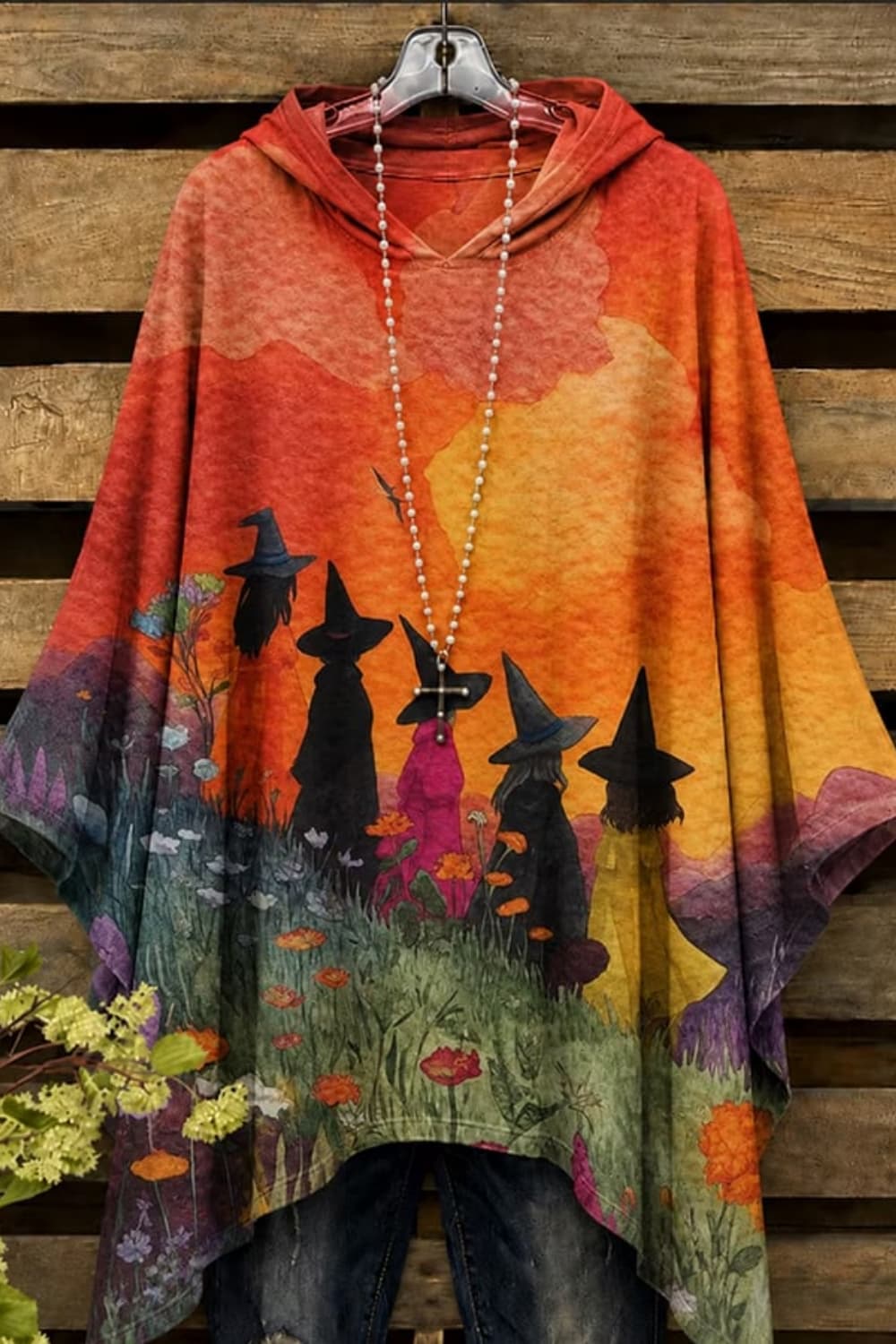 Beatrice witch sunset hoodie in orange, purple, green, front view