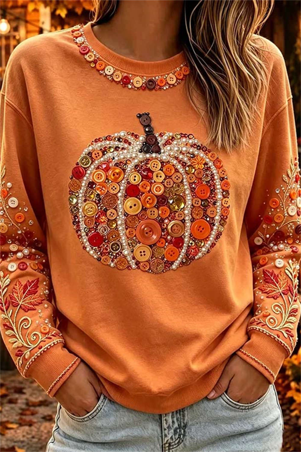 Willow pumpkin leaf top in orange, front view