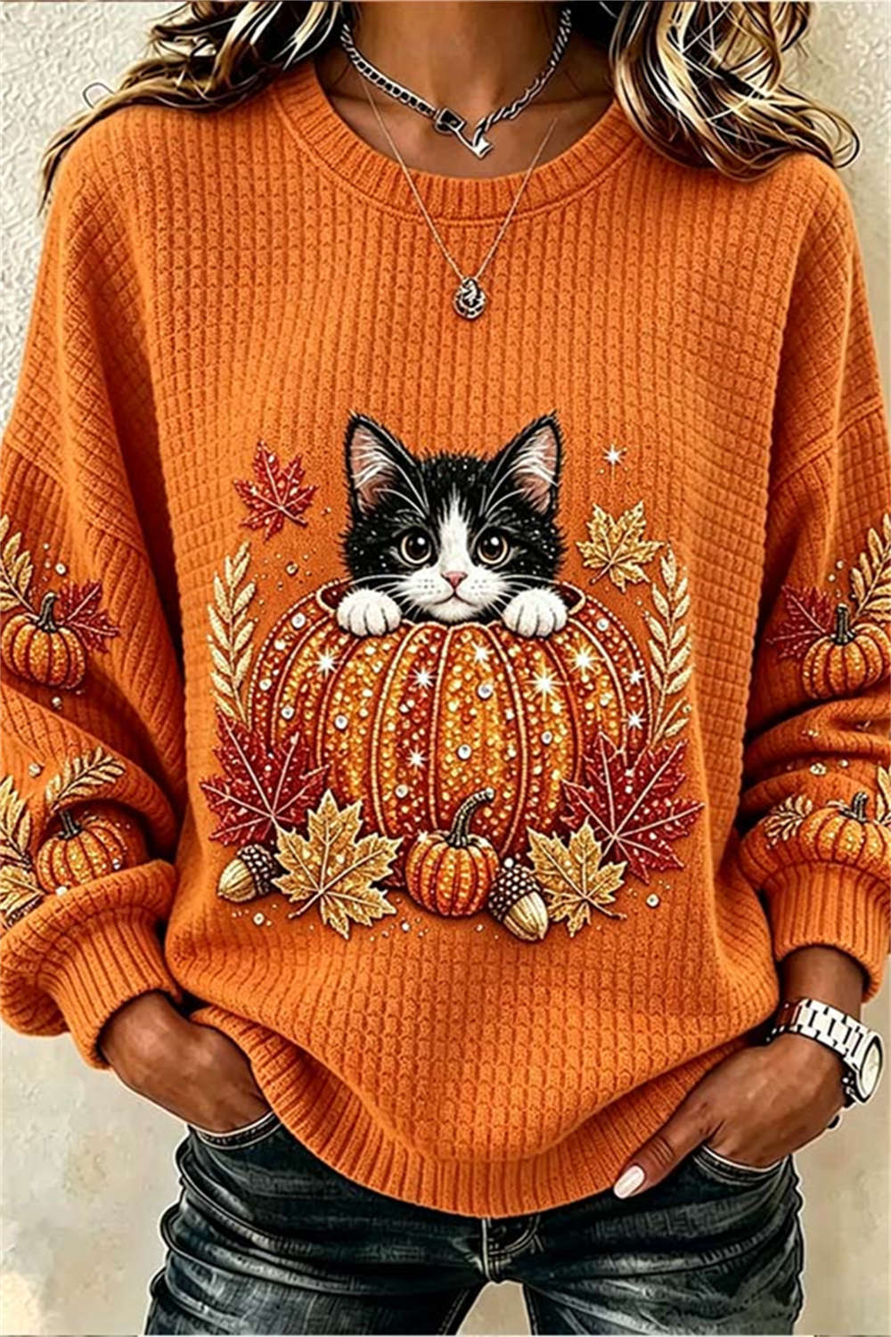 Naomi cat pumpkin top in orange, front view