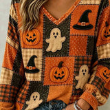 Diana | Halloween-Inspired Multi Plaid Ghost Pumpkin Patchwork V Neck Long Sleeve Top