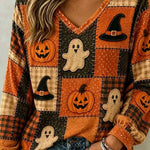 Diana Ghost Pumpkin Patchwork Top in orange and brown, front view